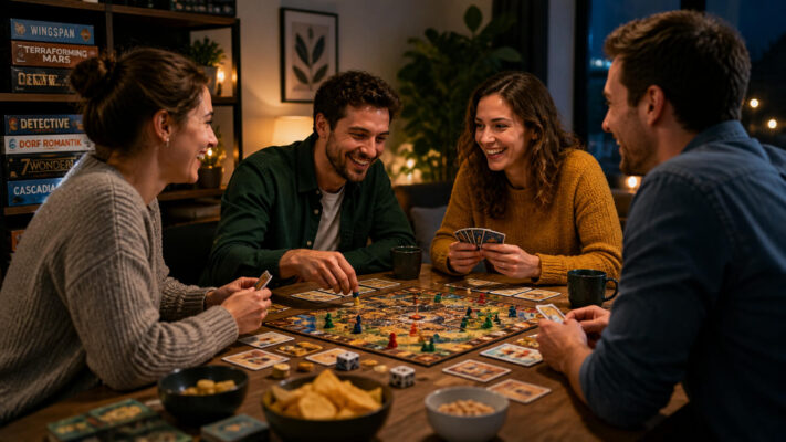Vrienden spelen bordspel aan tafel tijdens spelavond, typisch voorbeeld van bordspellen volwassenen