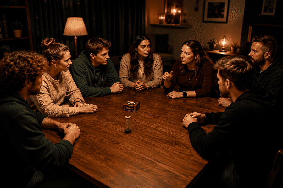 vriendengroep speelt weerwolven aan tafel